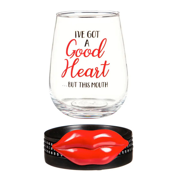Stemless Wine Glass With Coaster Base, Good Heart, 17oz