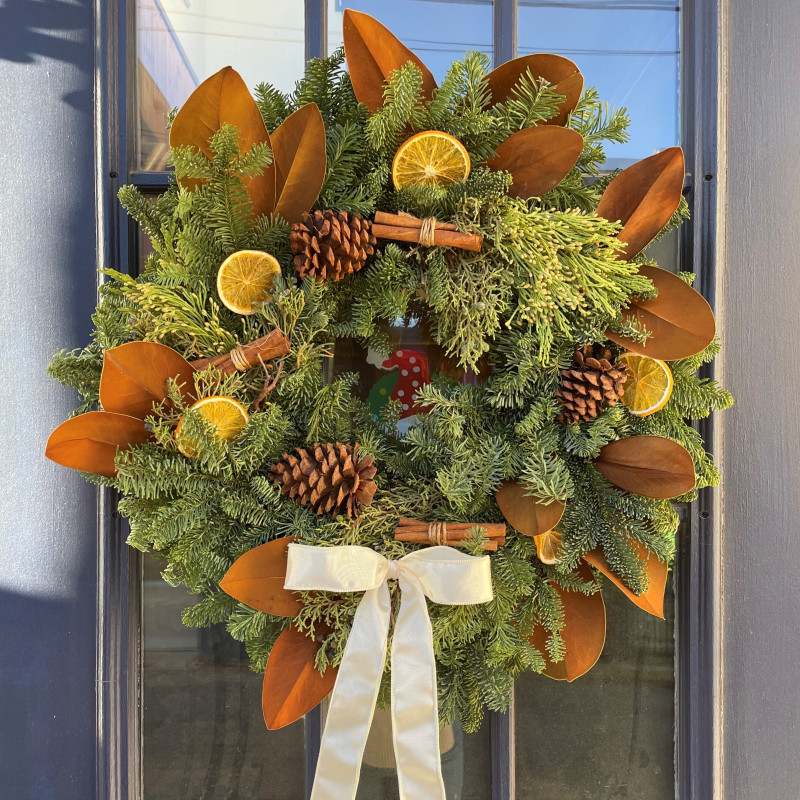 Fresh Winter Wreath with Citrus and Magnolia 30in - Same Day Delivery