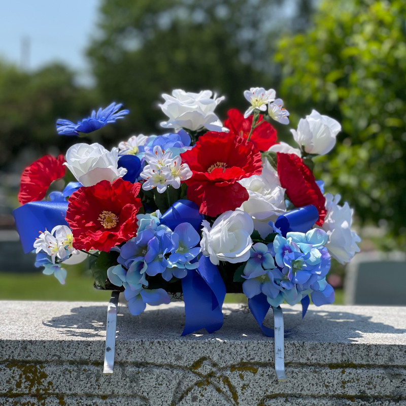 Cemetery Monument Silk Flower Saddle - Red White and Blue - Same Day Delivery