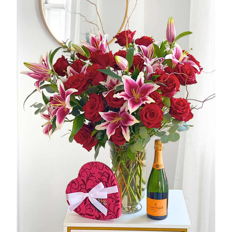 Two Dozen Roses with Stargazer Lilies - Same Day Delivery