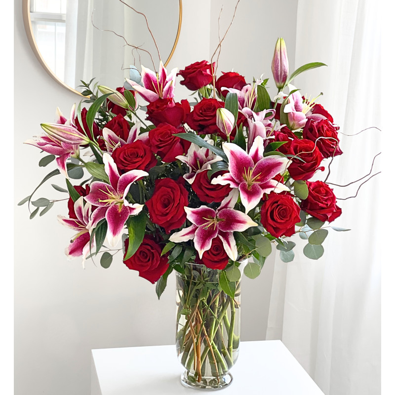 Two Dozen Roses with Stargazer Lilies - Same Day Delivery