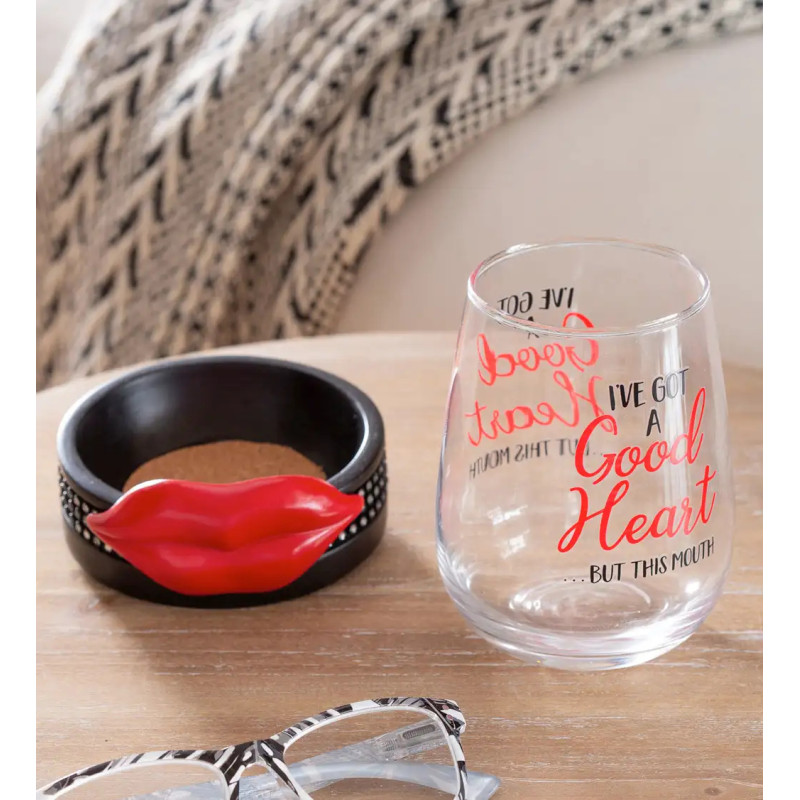 Stemless Wine Glass With Coaster Base, Good Heart, 17oz - Same Day Delivery
