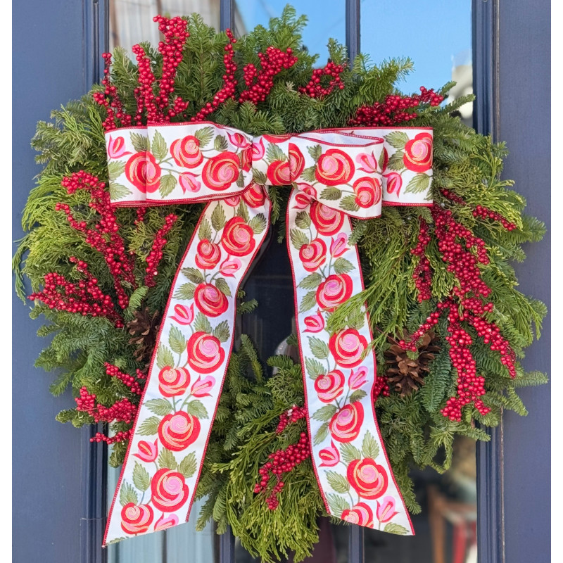 Evergreen Elegance Fresh Wreath with Embordered Roses Ribbon and Berries - Same Day Delivery