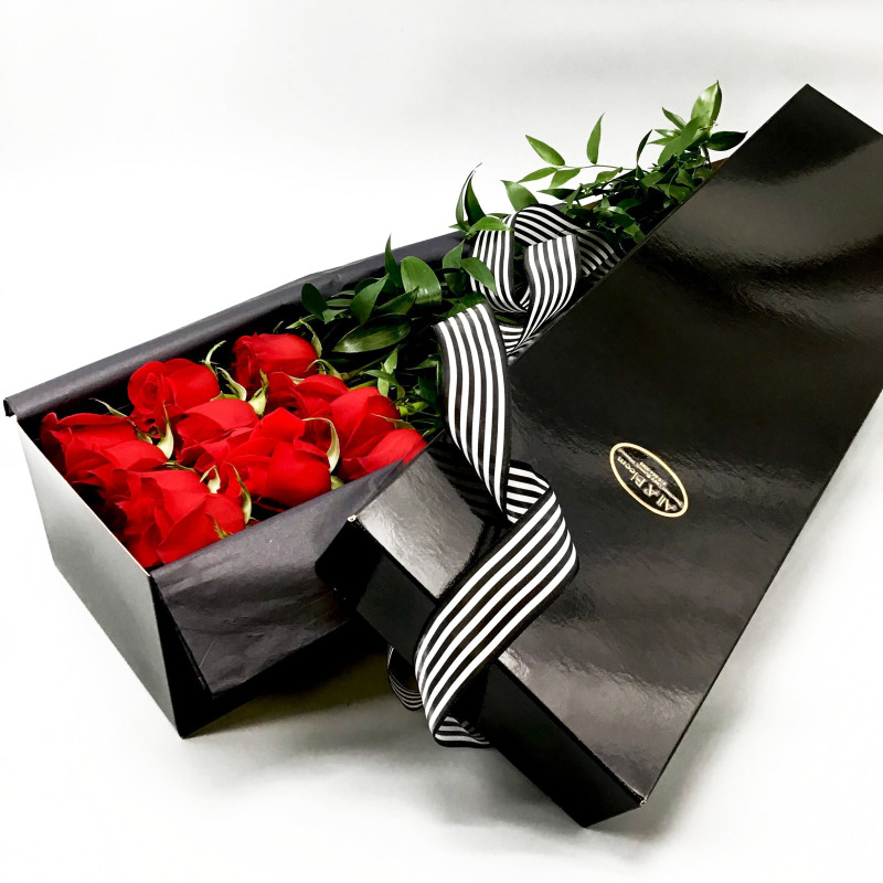 1 Dozen Long Stem Roses in a Black Box - Same Day Delivery