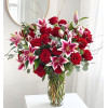 Two Dozen Roses Arranged in a Vase: Two Dozen Roses with Stargazer Lilies
